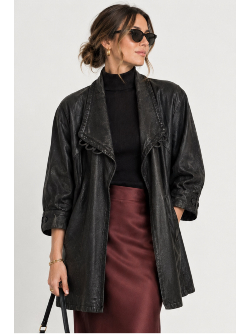 Vintage Black Leather Jacket Longline Draped Collar 90s Y2K Statement Open Front